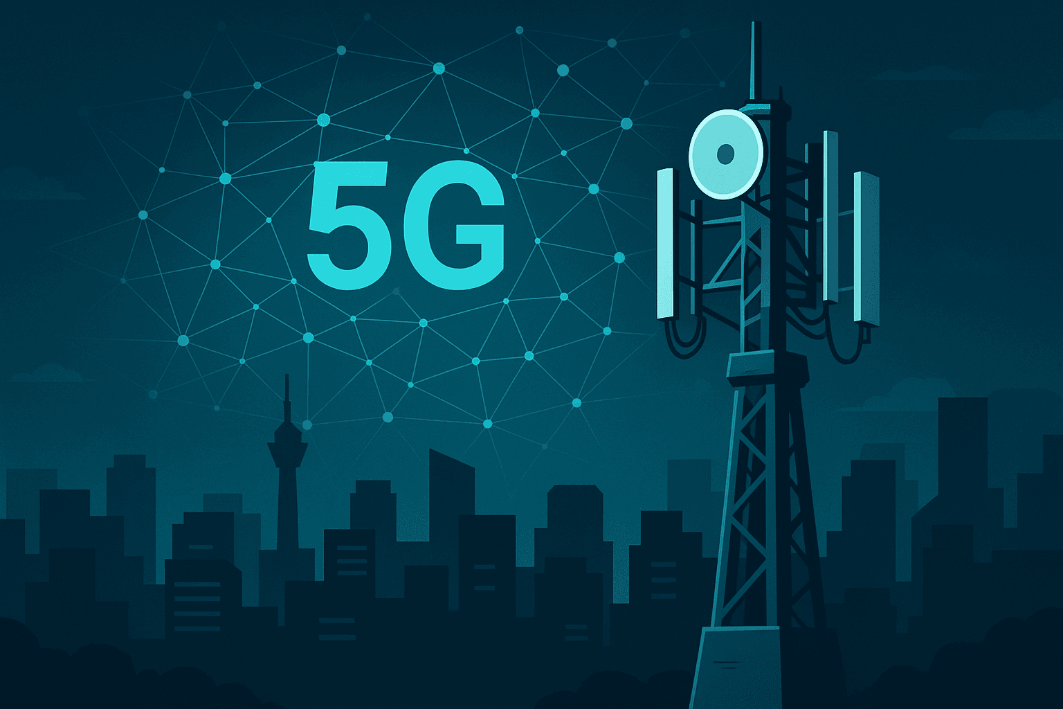 Ilustrasi liputan 5G di Malaysia dengan menara komunikasi moden dan sambungan digital.