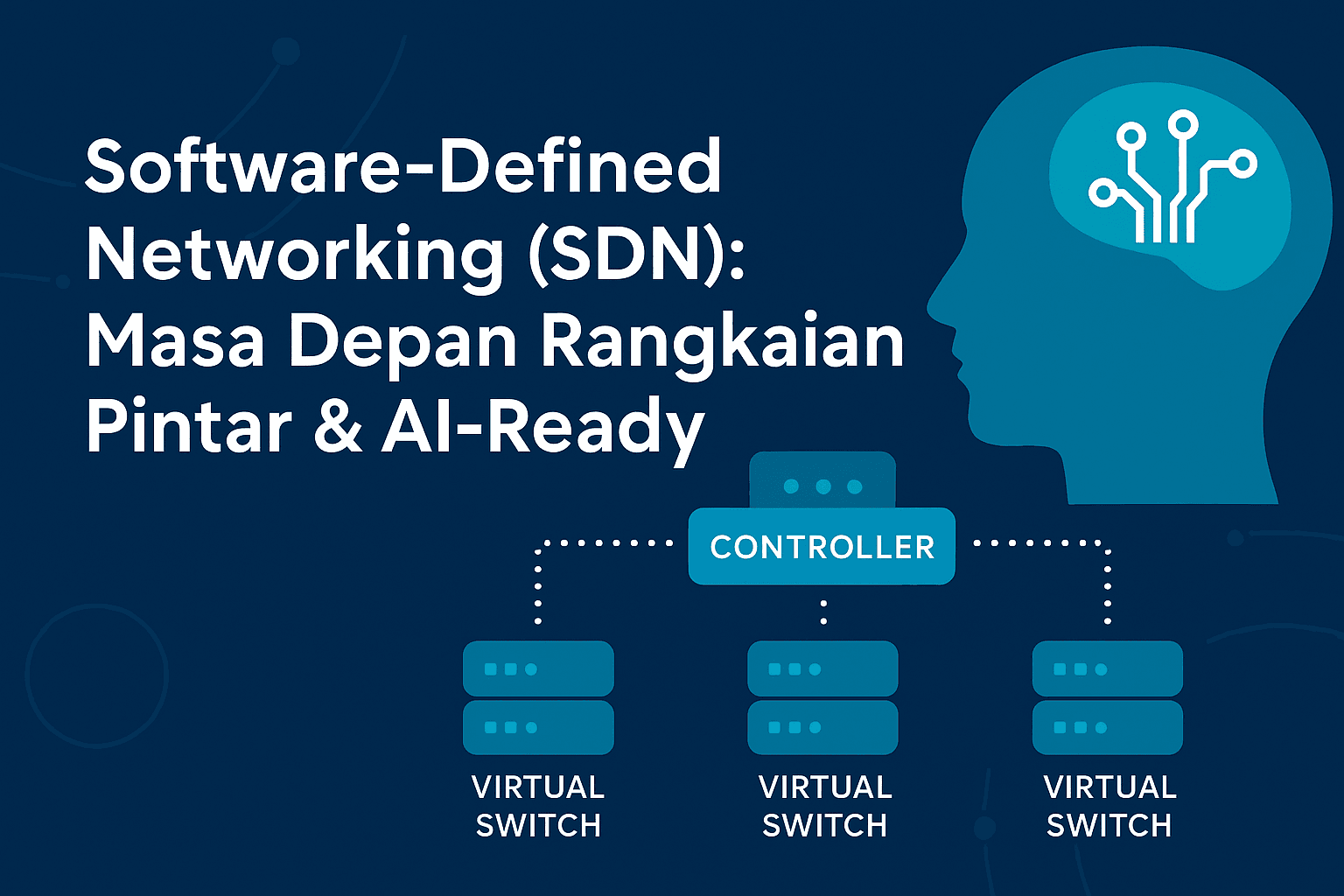 Ilustrasi SDN dengan switch, AI controller dan sambungan pintar